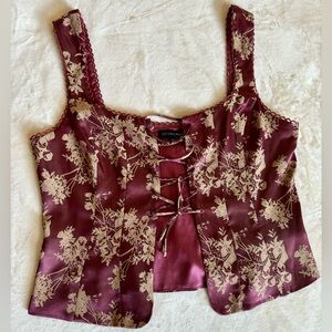 Cotton Candy LA, Large Floral Satin Bustier Lace-up Crop Top, Maroon Pink